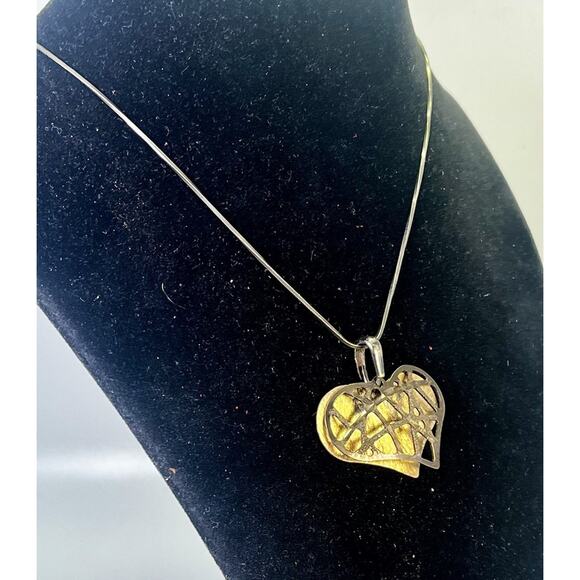VTG Modernist Sterling Silver Filigree HEART PENDANT w/ Brass Accents NECKLACE - Picture 2 of 16